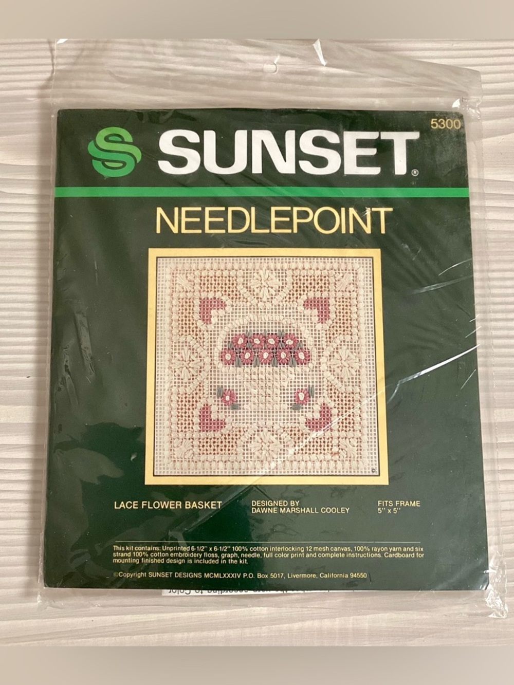 NIP Vintage 1984 Sunset Needlepoint Lace Flower Basket Kit #5300 fits 5x5 Frame